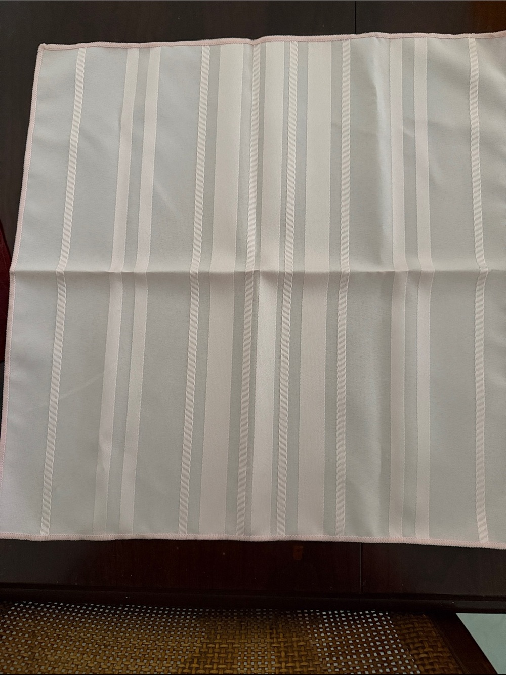 Striped White Satin Table Napkin with Pale Pink Trim